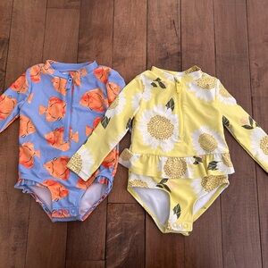 Carter's Blue Fish and Yellow Sunflower Long Sleeved One Piece Bathing Suits
